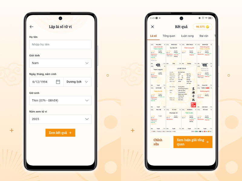 giao diện app xem tử vi