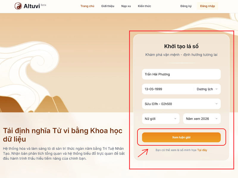 nhập thông tin tạo lá số tử vi