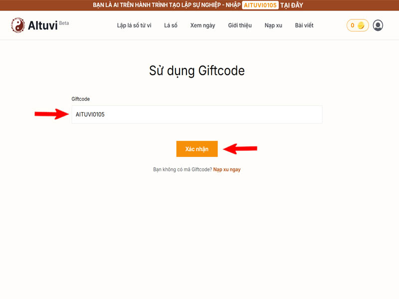 Điền mã Giftcode vào ô trống hệ thống